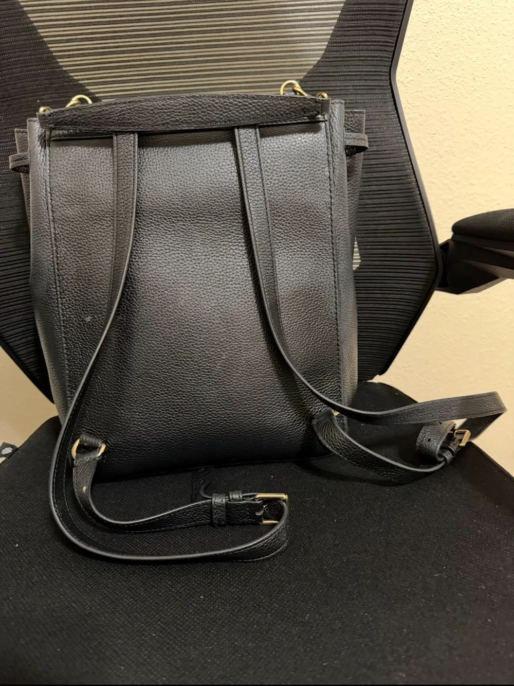 Tory Burch Black Pebbled Leather Backpack with Logo Flap